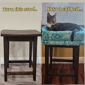May include: A dark brown wooden stool with a rectangular seat and four legs. The stool is shown empty and then with a cat bed on top, with a cat resting inside. The text reads, "Turn this stool... Into a cat bed..."
