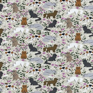 May include: A light gray fabric featuring a repeating pattern of cats in various colors including black, white, brown, and calico. The cats are depicted in different poses among small green leafy plants and clusters of tiny pink and white flowers.