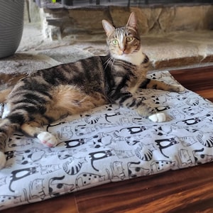 May include: A rectangular pet mat featuring a repeating black and white line art pattern of various cat silhouettes. The mat is made of fabric and has a soft, padded appearance. A brown tabby cat with white paws is lying on top of the mat.