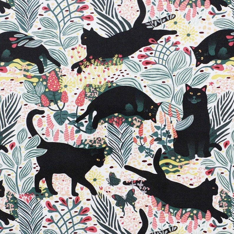 May include: A fabric pattern featuring black cats in various poses, including sitting, walking, and stretching, interspersed with botanical elements like green leaves, yellow flowers, pink buds, and dark butterflies on a white background.