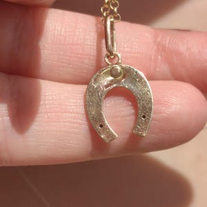 May include: A gold-colored horseshoe pendant with a delicate chain. The horseshoe charm has two small holes and a loop at the top for the chain. The pendant is suspended against a blurred background.