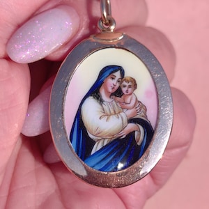 14k Gold Virgin Mary Madonna with Jesus Pendant Antique 1900s Art Nouveau  Hallmarked Vintage Hand painted Enamel Gift