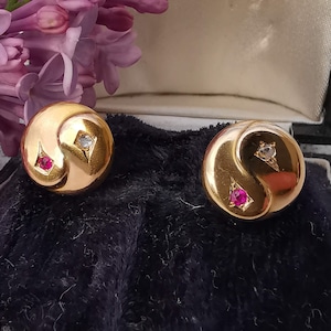 Art Deco Vintage Antique Yin-Yang Earrings, Ruby and Diamond Earrings 14k Solid Gold Earrings, Stud Round Earring