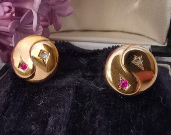 Art Deco Vintage Antique Yin-Yang Earrings, Ruby and Diamond Earrings 14k Solid Gold Earrings, Stud Round Earring