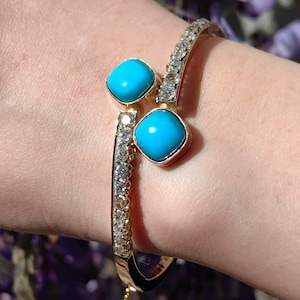 Art Nouveau 1900s Antique Vintage Diamond Turquoise 18K Hallmarked Yellow Gold Bracelet Bangle