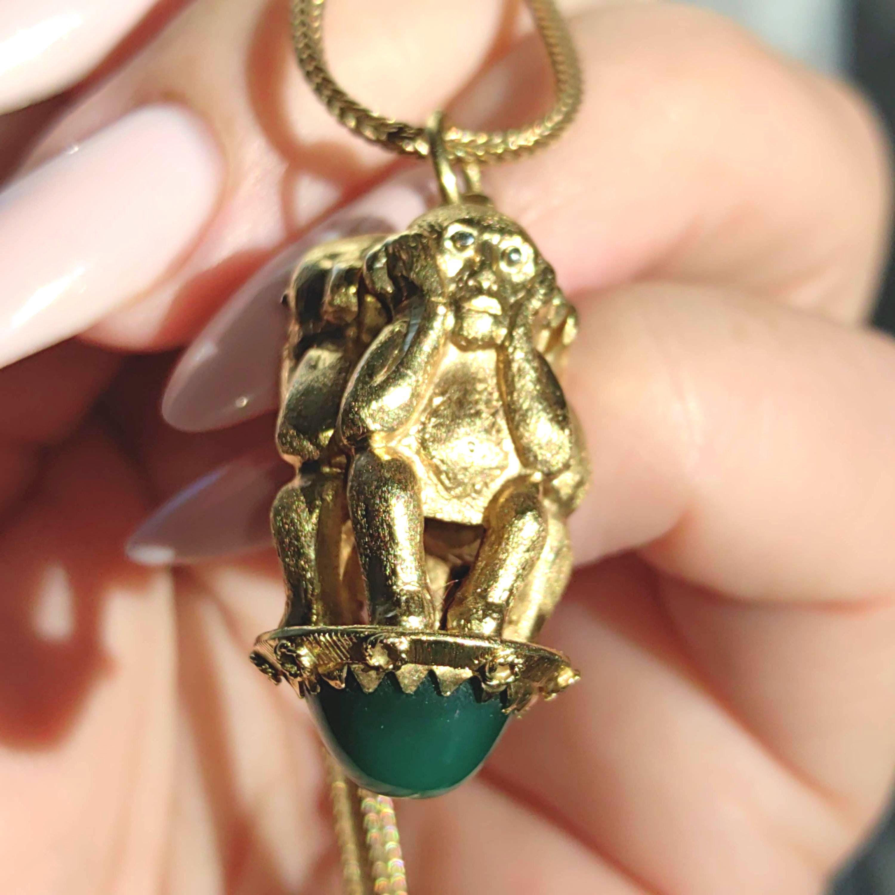 Vintage 18k Gold Three Monkey Pendant: Chrysophrase Stone Charm - Etsy