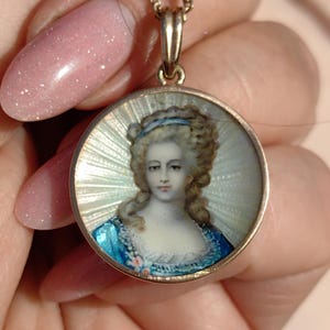 1920s 18k Gold Fire Enamel Portrait Pendant: Aristocratic Woman Miniature