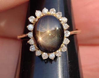 18K Solid Yellow Gold Diamond Halo and Cats Eye Stone, Brown Star Sapphire Dainty Ring, Vintage Ring,  Brown stone Ring