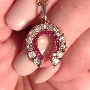 Ruby Diamond 18k Solid Yellow Rose Gold Late Victorian Design Horseshoe Horse Equestrian Charm Luck Antique 1900s Vintage Pendant