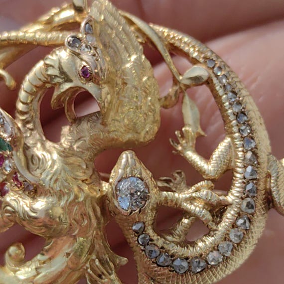 Diamond Emerald Ruby Solid 18k Yellow Gold Griffi… - image 3