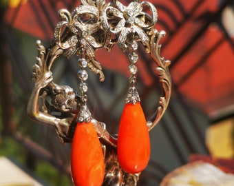 Edwardian 14K White Gold Mediterranean Coral and 1.3 ct. Natural Diamond Dangle Earrings from the 1910s