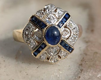 Vintage Art Deco 14k Gold Sapphire Diamond Ring - Size 6.5