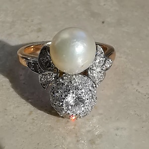 Diamond and Pearl You & Me 18k Gold Ring, Antique Vintage Toi et Moi Diamond ball and Pearl Ring, Engagement Proposal Promise Statement Ring