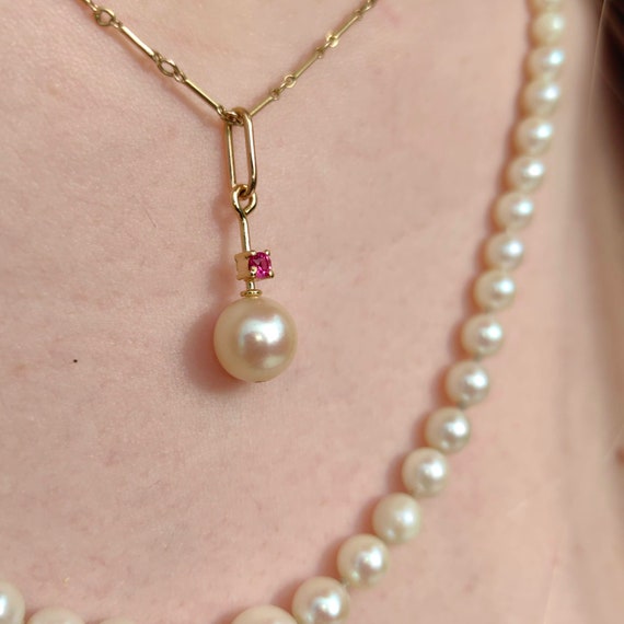18k Solid yellow Gold  Natural Ruby Pearl Pendant… - image 1