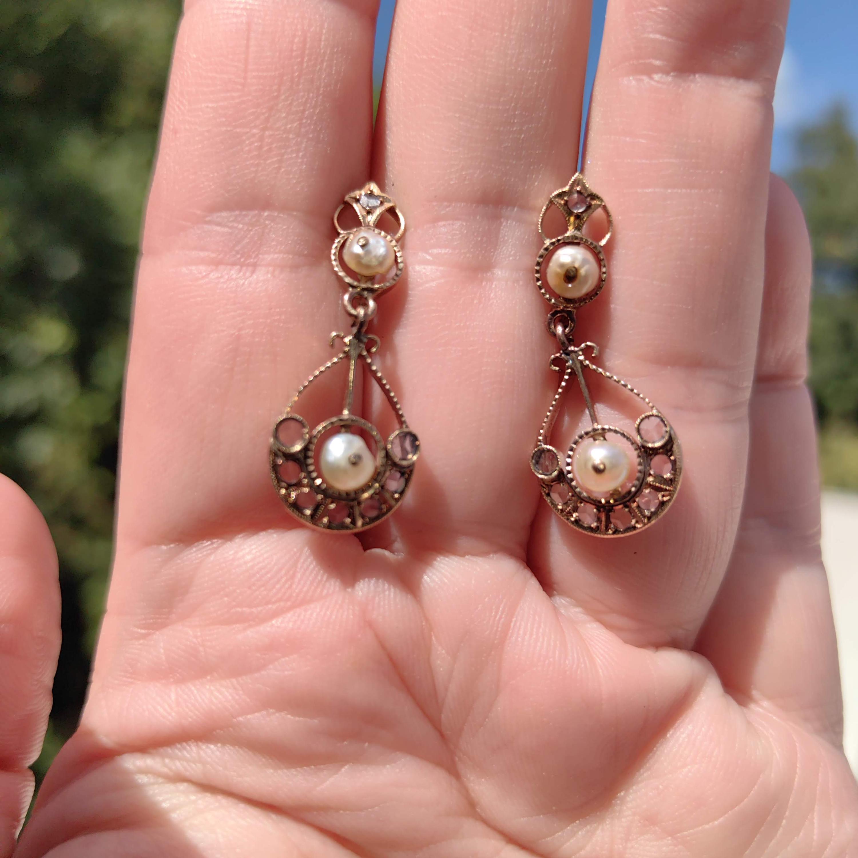 Boucles D'oreilles Anciennes Diamant Vintage - Grappe Rose, Or Gris 18k - Fait Main