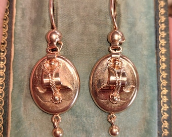 14K Solid Yellow Rose Gold Victorian Style Mid Century Handmade Oval Dangle Statement Elegant  Earrings Gift for Her Present