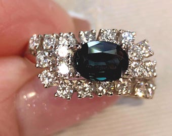 Vintage Mid-Century Sapphire Diamond Ring: 14k White Gold Engagement Ring