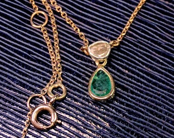 Genuine Emerald & Diamond Necklace Solid 18k Yellow Gold Drop Shaped Antique Vintage Pendant Charm Gift for Her Elegant Dainty Classic chain