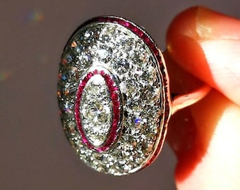 1920s Art Deco Natural Ruby Diamond Target Ring, 2.70ct Old European Cut Diamonds, Platinum, Duty Free HTS 9706