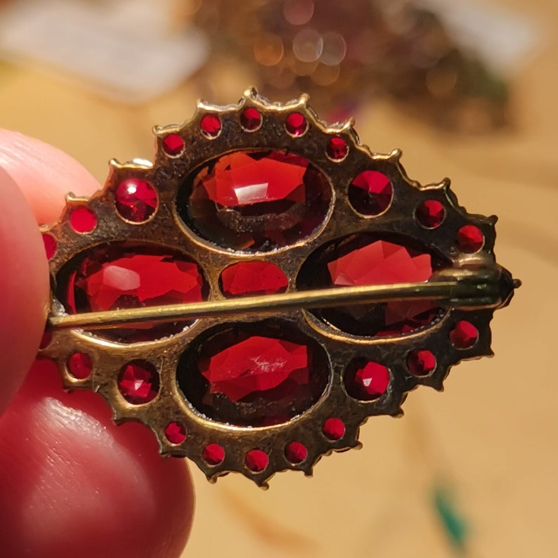 May include: A gold-toned brooch with a cluster of red gemstones set in a floral design.