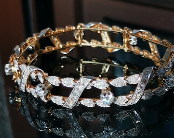 Original Art Deco Diamond Bracelet: 19K Gold Bangle, 3.5ct Old European Cut