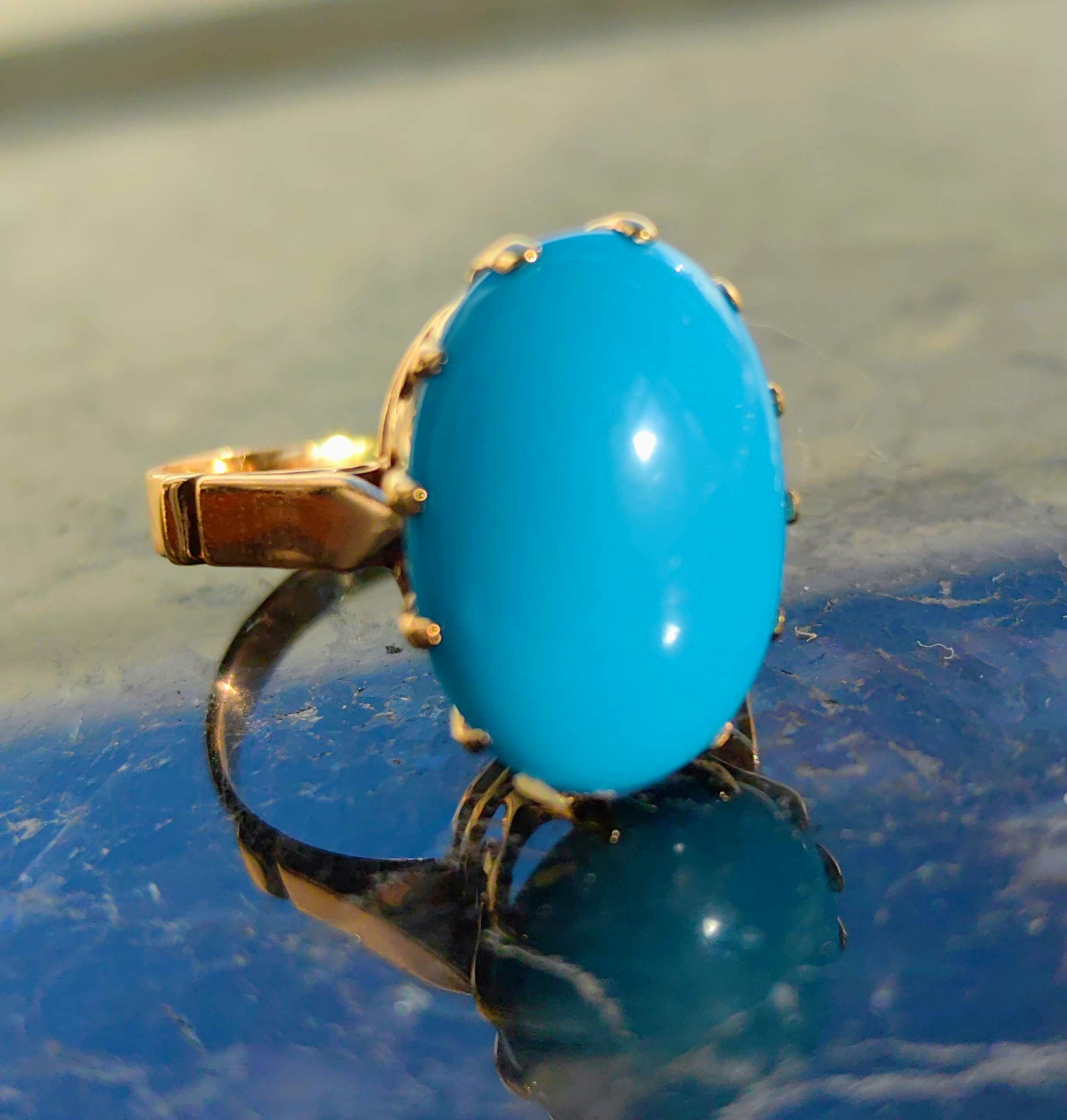 Bague Or 18 Carats Avec Turquoises - Poids 10.71 G - Taille 52 - Occasion