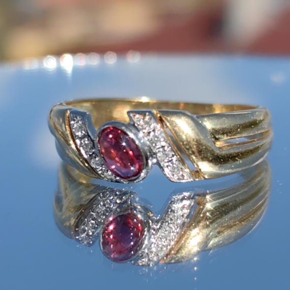 18k Yellow Gold Ruby Diamond Ring - Stackable Wed… - image 1