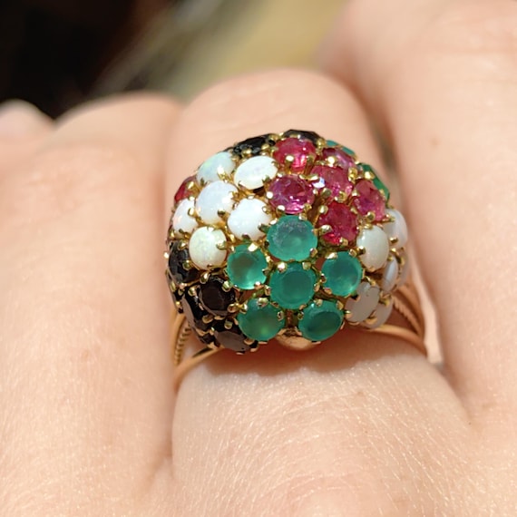 14k Gold Multi-Stone Bombe Ring: Emerald, Ruby, O… - image 1