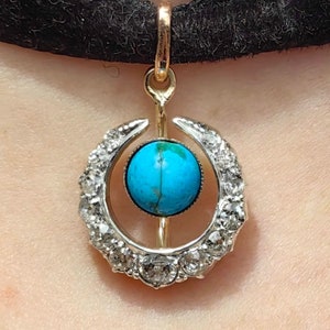 Art Nouveau Antique Vintage Turquoise and Diamond Gold Moon Pendant