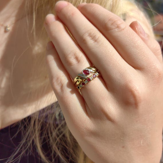 18k Yellow Gold Ruby Diamond Ring - Stackable Wed… - image 10