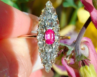 Vintage art deco 18k gouden ring met robijn en roosgeslepen diamant