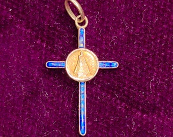 Art Deco 1920s Antique Vintage Enamel Religious 18k Solid Yellow Gold Blue Fire Enamel  Cross with Madonna Medal Pendant