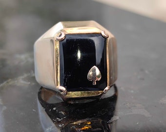 Art Deco Antique Vintage 1940s 14k Solid Yellow Gold 9.3 gr Playing Card Poker Spade Massive Statement Oval Black Onyx Geometric Design Ring