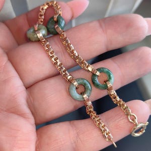 BRACELET Jade Gold handmade Foxtail  chain Hallmarked 18k Solid Gold  Bracelet Handcarved natural antique jade discs  health fortune gift.