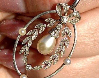 Art Nouveau Diamond Pearl Pendant: 18k Gold Platinum Edwardian Jewelry