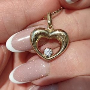 14k Solid Hallmarked Yellow Gold Heart Shaped Love Charm Pendant Cubic Zirconia Vintage Necklace Elegant Dainty Gift for Her