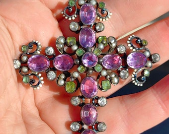 18th Hundred Baroque Rococo Amethyst White Sapphire Natural Pearl and Demantoid Silver with Enamel Big Statement Multi Stone Cross