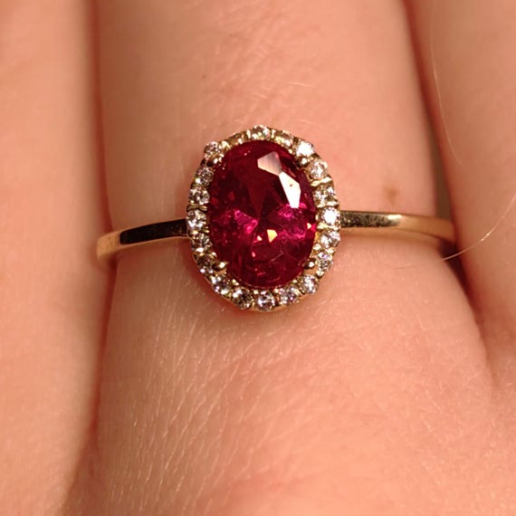 14k Solid Yellow Gold Artificial Ruby Cubic Zirco… - image 1