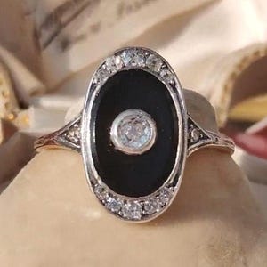 Bague diamant art déco en onyx : bague de fiançailles en or jaune 14 carats