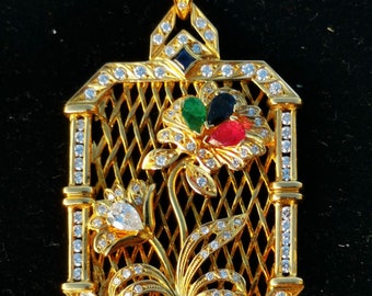 Art Deco style 18ct solid gold 16.3gr natural emerald, ruby, diamond, sapphire tutti frutti floral basket geometrical statement pendant