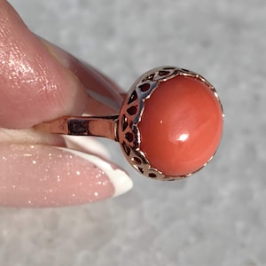 Coral Gold Mediterranean Round Red Coral Hallmarked 14k Yellow Gold Art Deco 1930s Antique Vintage Ring, Statement Ring Unisex Gift for her