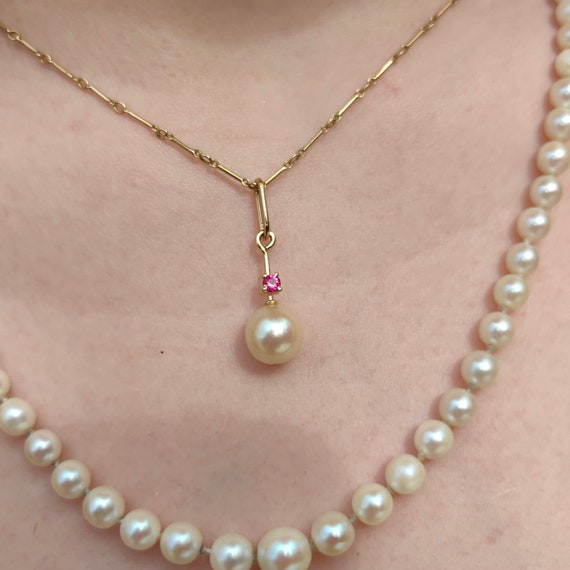 18k Solid yellow Gold  Natural Ruby Pearl Pendant… - image 5