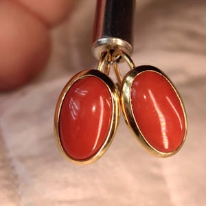 Natural Coral 18k Gold Mid Century Minimalist Elegant Earrings, Coral Stud Dangle Antique Vintage Earrings, Gift for Her Dormeuse Earrings