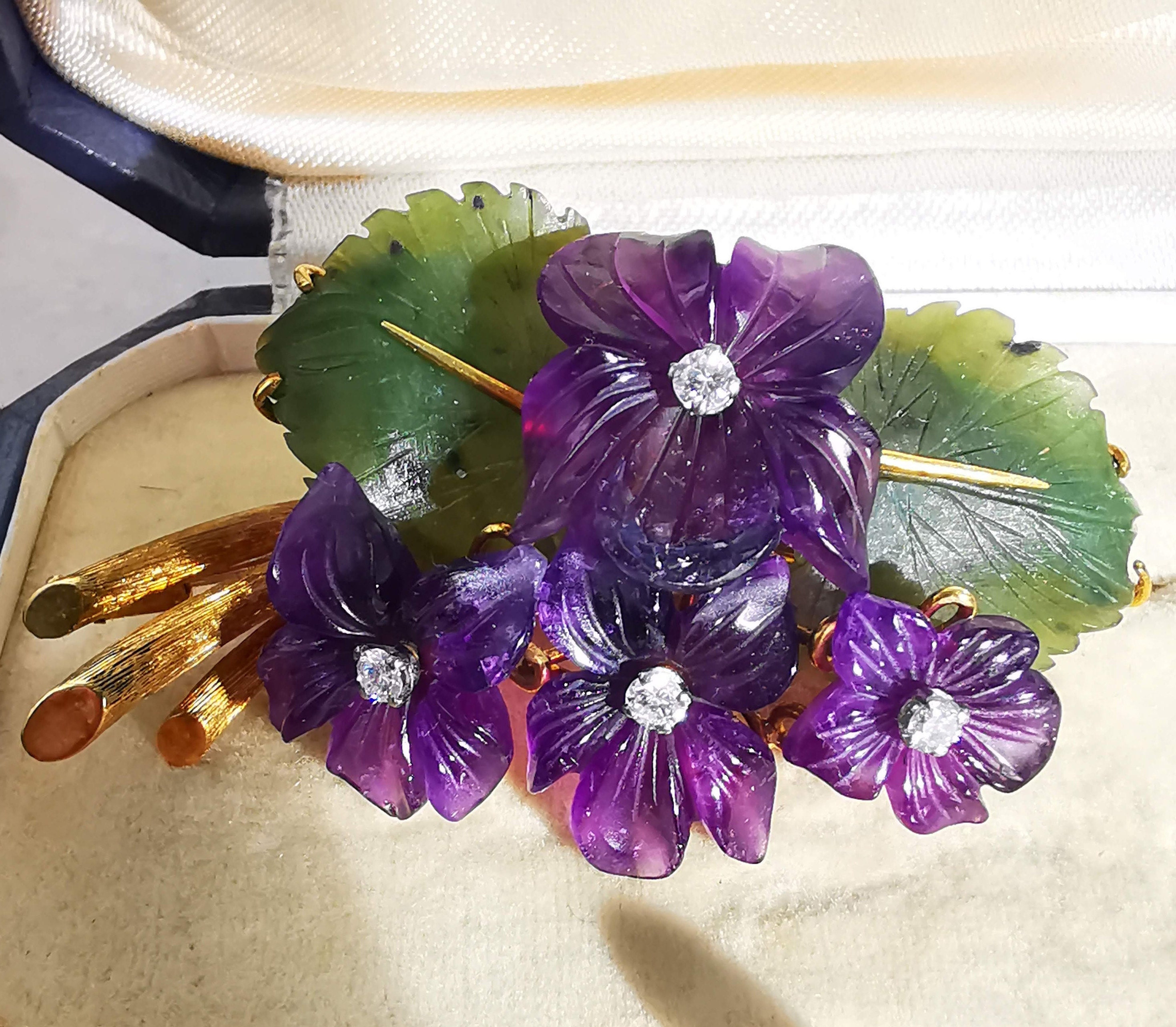 Art Nouveau 1900s Hand Carved Natural Purple Amethyst Jade Diamond