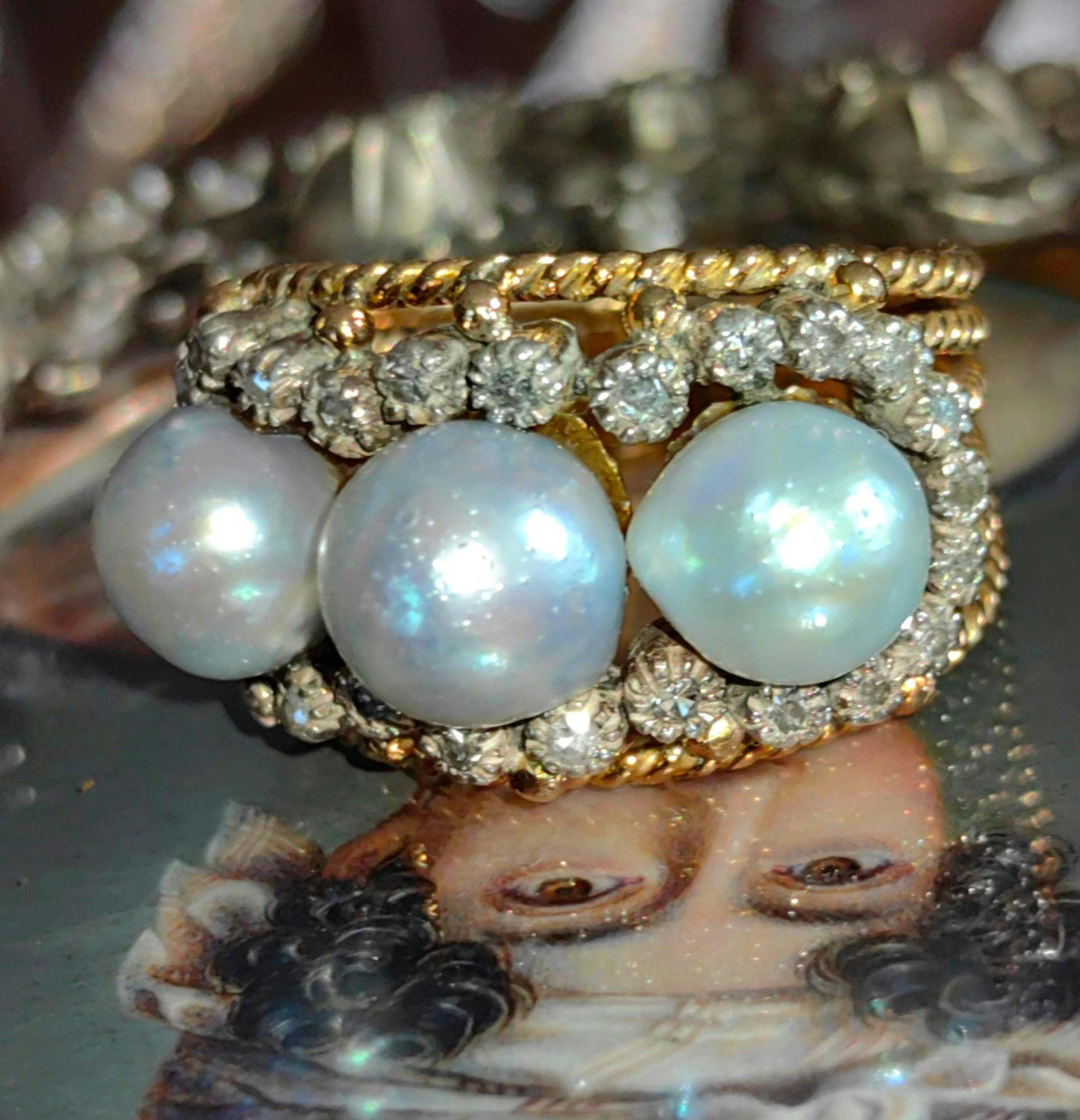 Art Deco 1940s Antique Vintage Pearl and Diamond Statement Ring