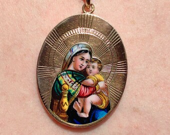 Antique Vintage Gold Virgin Mary with Jesus Pendant