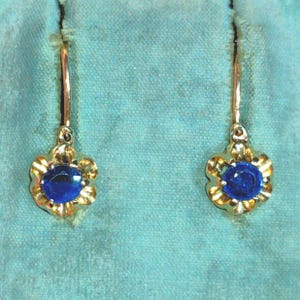 Antique 14k Yellow Gold Blue Sapphire Dormeuse Earrings: 1940s Vintage