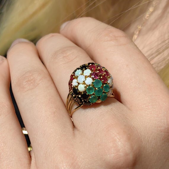 14k Gold Multi-Stone Bombe Ring: Emerald, Ruby, O… - image 7