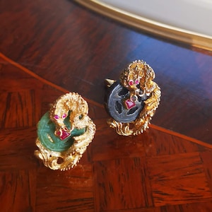 Purple and Green Jade Silver Gold Plated Dragon Chinese style Cufflinks