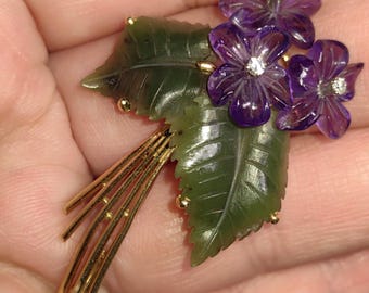 Antique 18k Gold Floral Brooch: Carved Amethyst, Jade & Diamond Violet Pin
